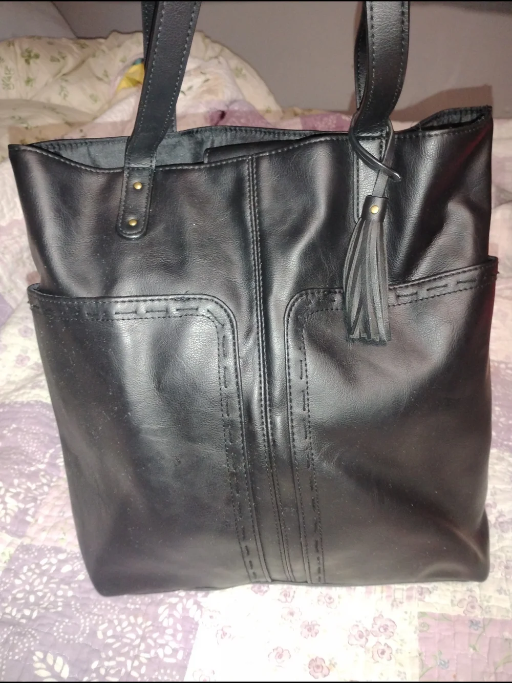 Black Leather Tote Bag with Matching Wallet - Women's Bags